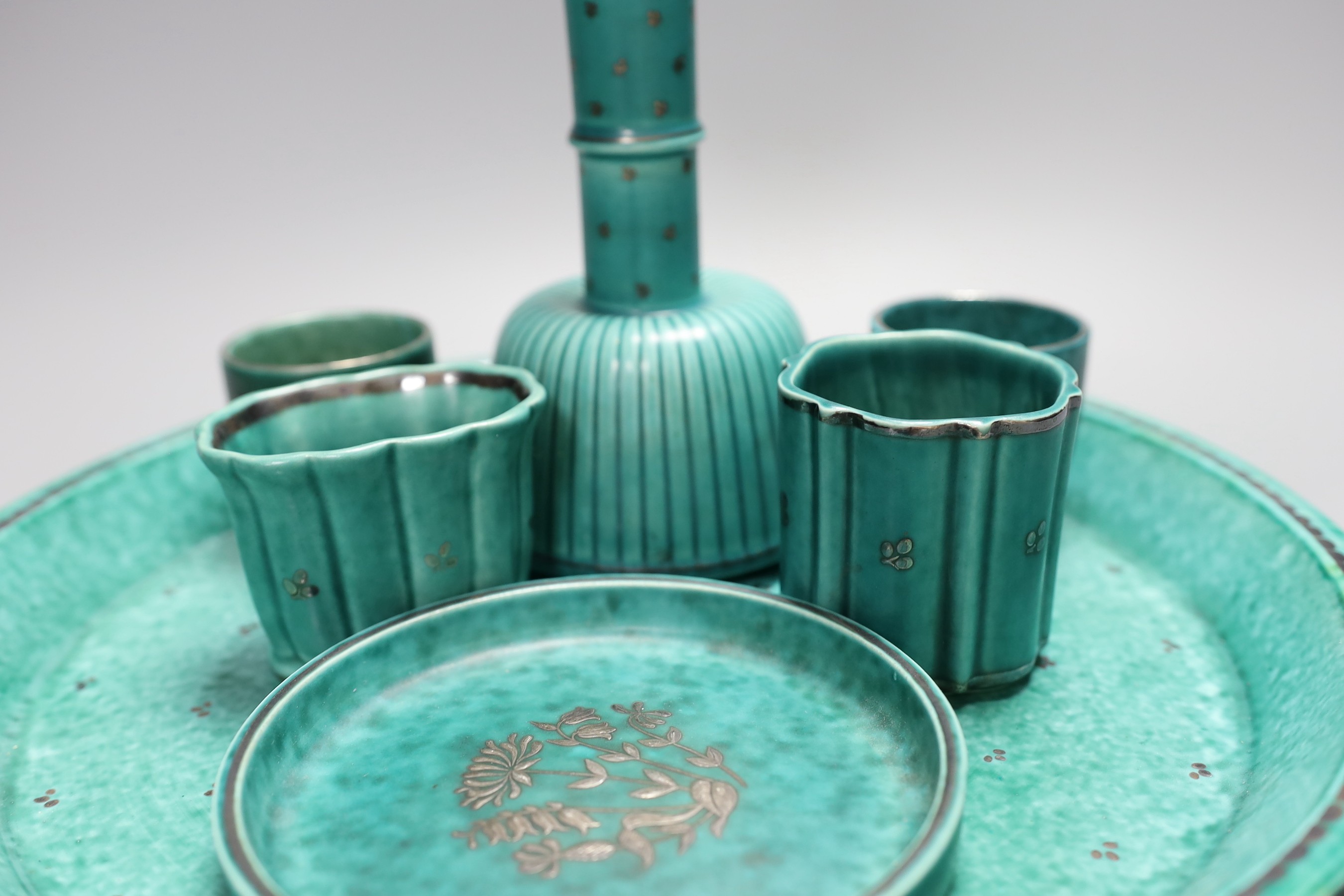 A group of Gustavsberg Wilhelm Kåge design Argenta wares including a tray and two floral decorated pieces; pattern no’s. 960, 1113, 510, A26, A19, 1003, 1094, 1512, 1017